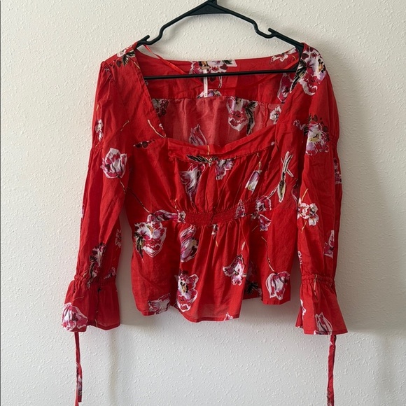 Free People Boho Red Ruched Tie Front Blouse - Picture 1 of 3